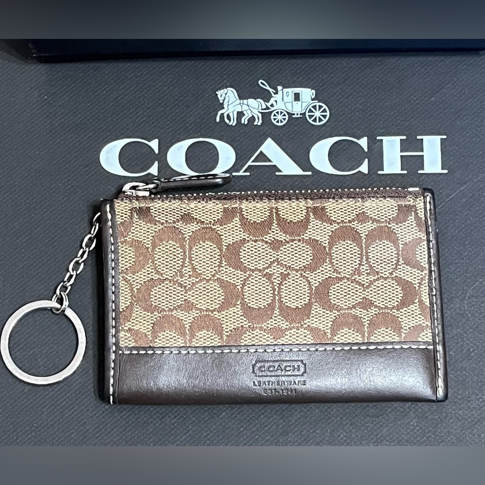 Coach Signature Keychain Zippered Coin Purse Brown - Used